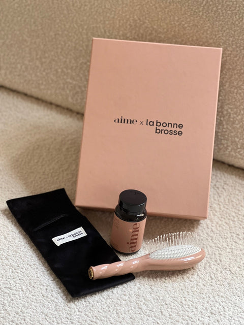 coffret collab brosse à cheveux vegan La Bonne Brosse et Aime