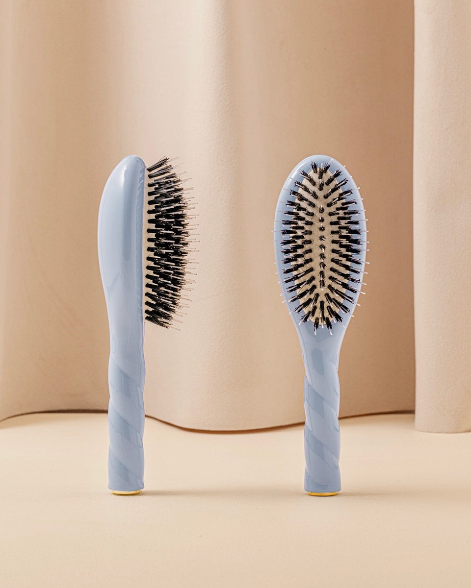 Duo Kleine hochwertige Haarbürste und ihr Täschchen in Himmelblau