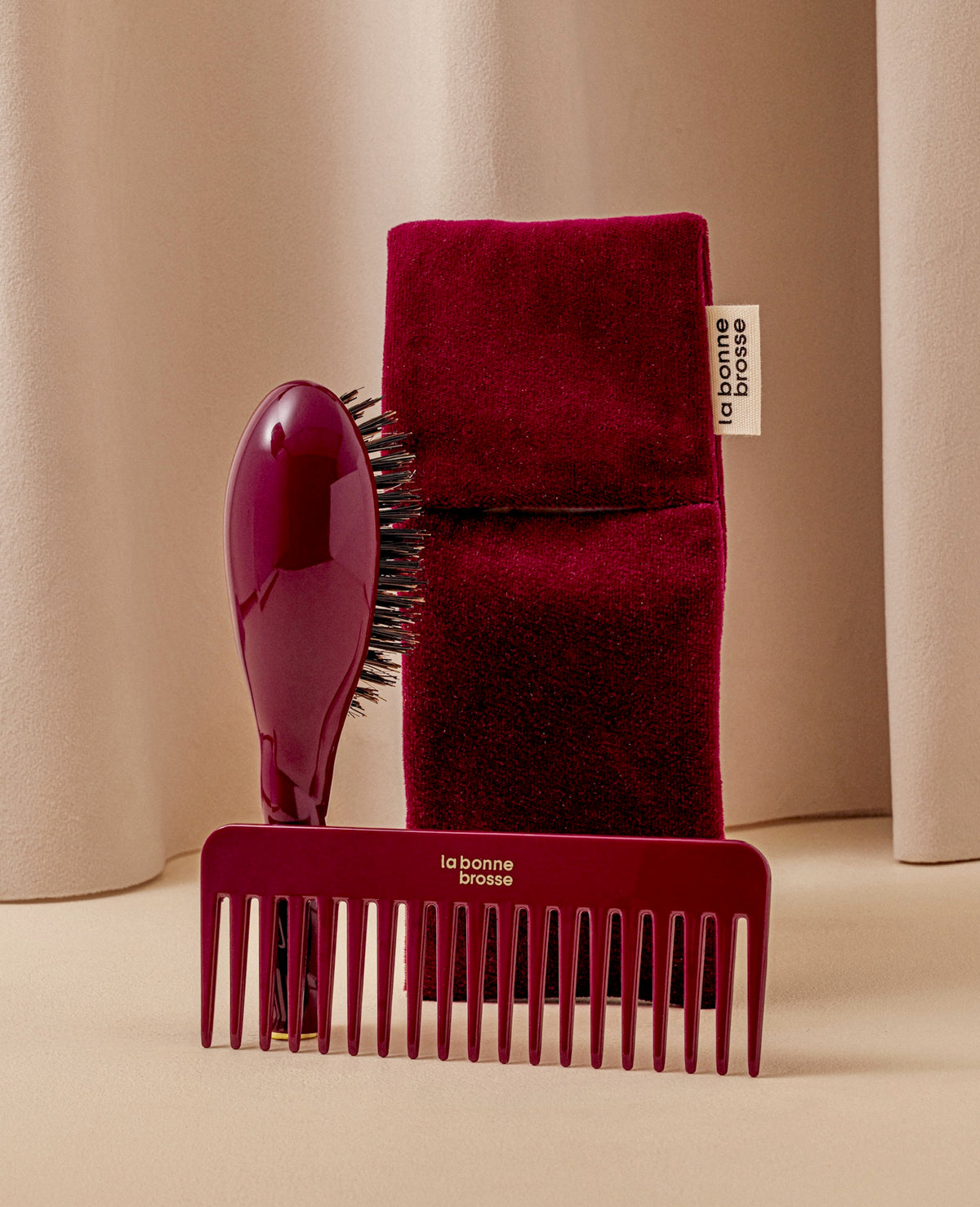 Trio: The Small Hairbrush, its Comb and Cherry Red Pouch