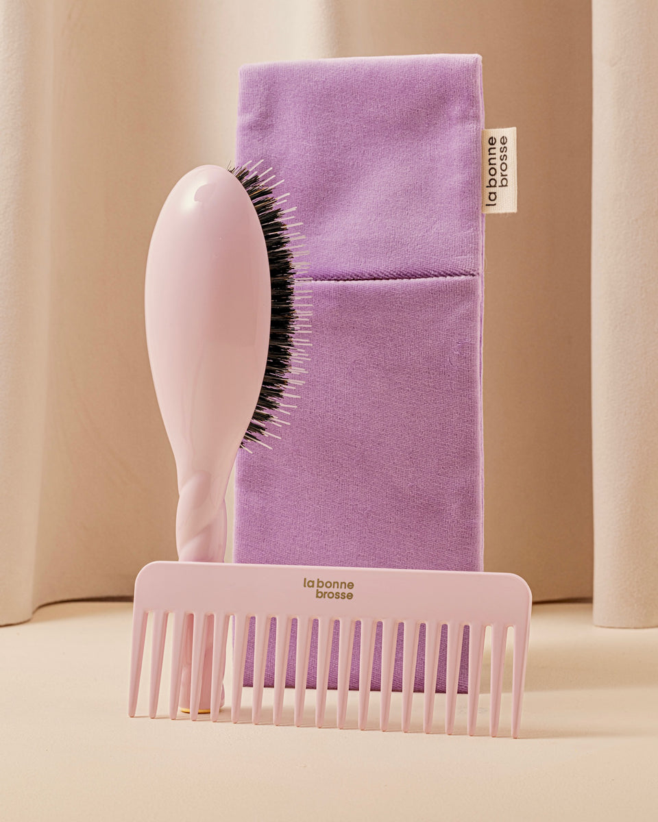 Trio : La Bonne Brosse, son Peigne et sa Pochette Rose Lilas