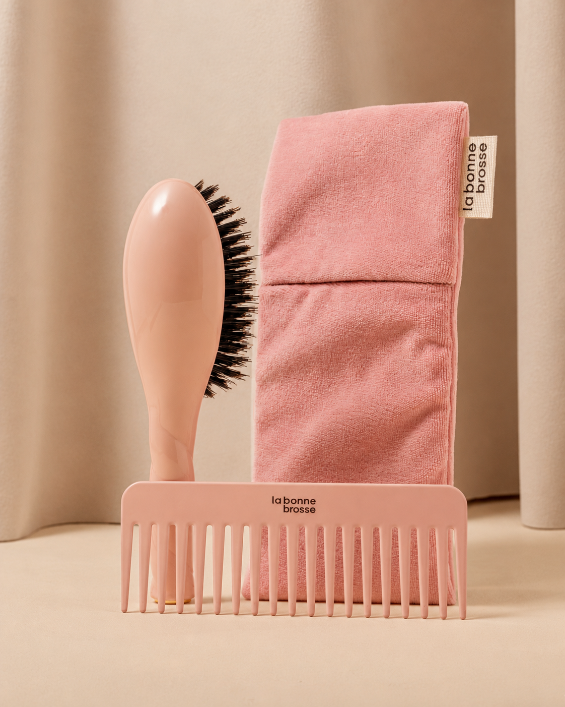 Trio: The Small Hairbrush, its Comb and its Powder Pink Pouch